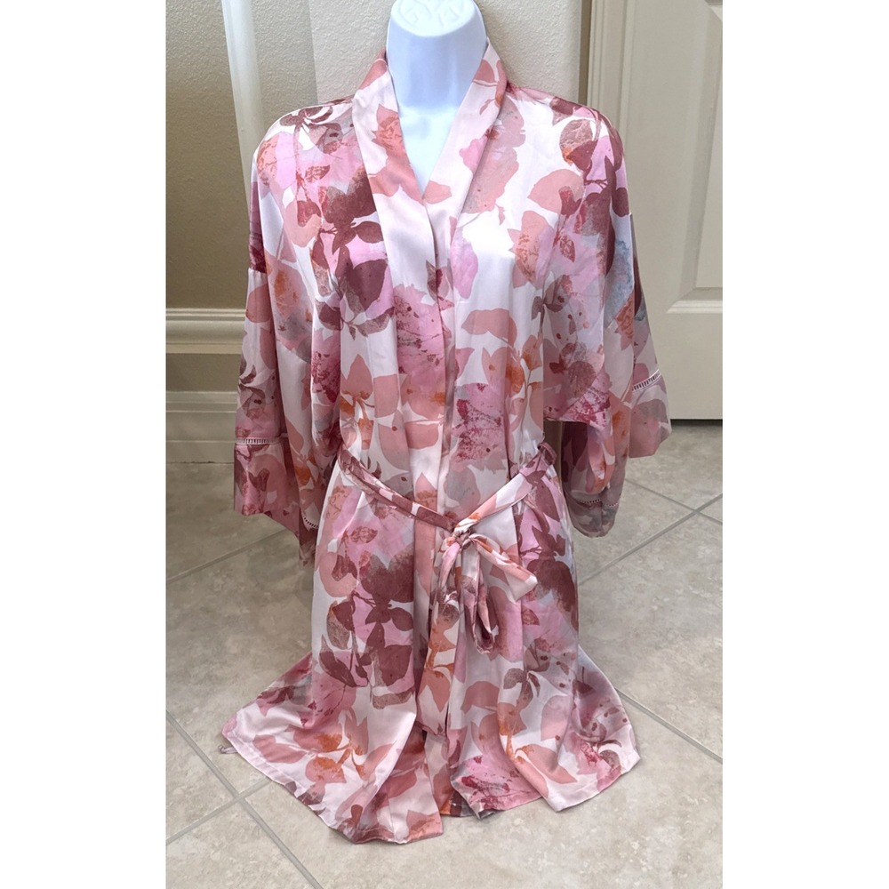Midnight Bakery Pink Multicolor Silky‎ Floral Satin Robe Kimono Sleeve Sz XS/S